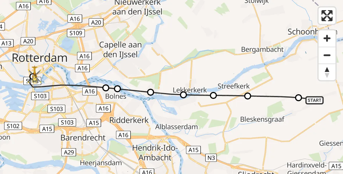 Vluchtroute Traumahelikopter van Ottoland naar Erasmus MC