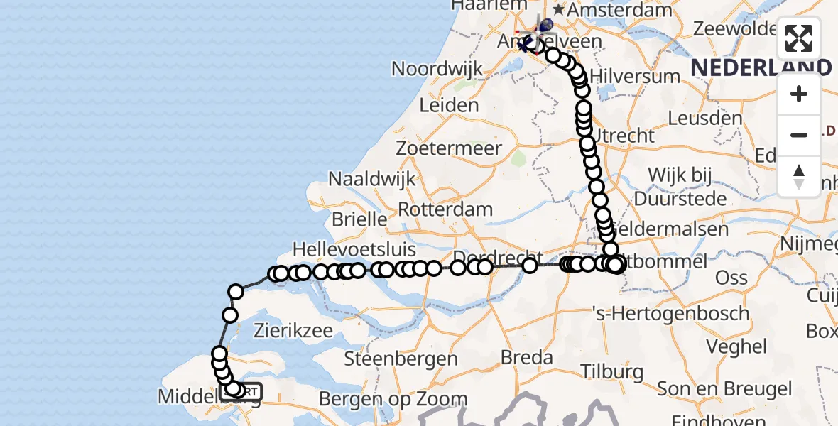 Vluchtroute Politiehelikopter van Vliegveld Midden-Zeeland naar Amsterdam Vliegveld Schiphol