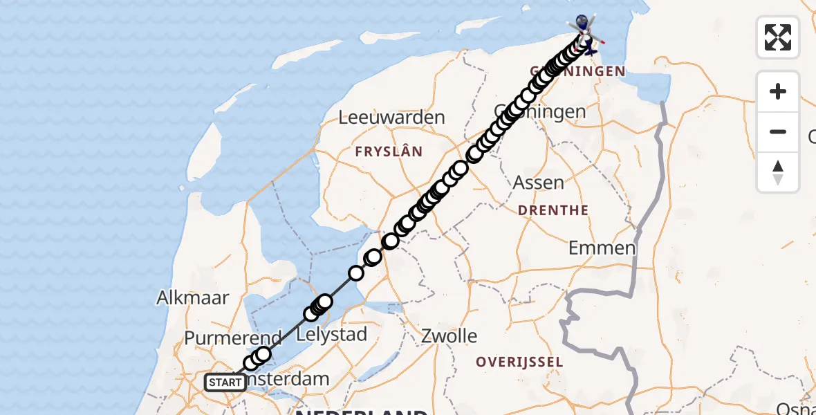 Vluchtroute Politiehelikopter van Amsterdam naar Noordzee