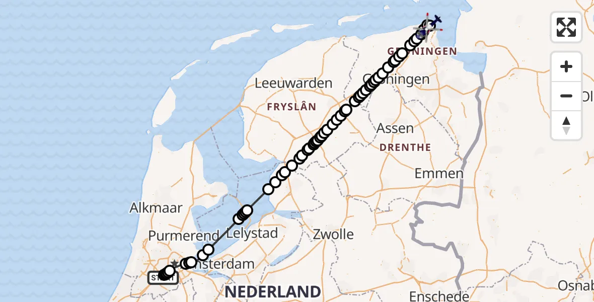 Vluchtroute Politiehelikopter van Amsterdam Vliegveld Schiphol naar Noordzee