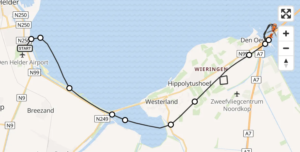 Vluchtroute Kustwachthelikopter van Militair vliegveld De Kooy / Den Helder Airport naar Den Oever