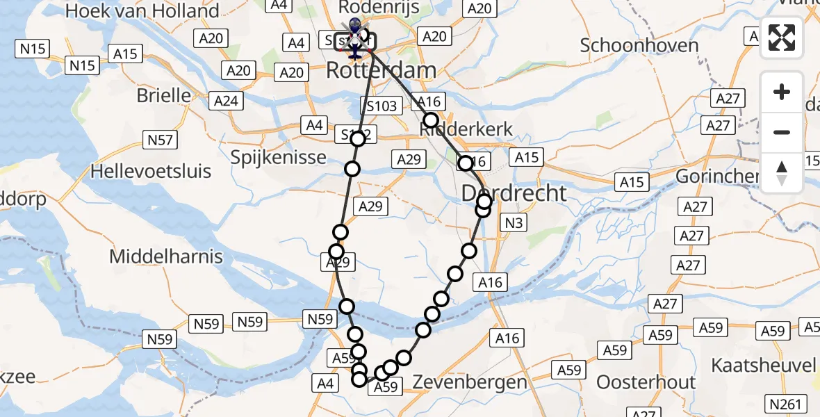 Vluchtroute Politiehelikopter van Rotterdam The Hague Airport naar Rotterdam The Hague Airport