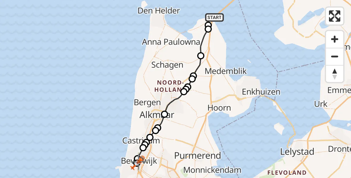 Vluchtroute Kustwachthelikopter van Den Oever naar Red Cross Hospital Heliport