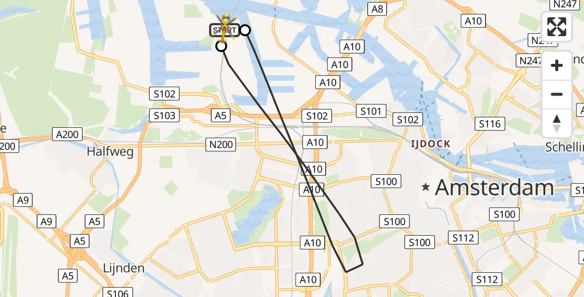 Vluchtroute Traumahelikopter van Amsterdam Heliport naar Amsterdam Heliport