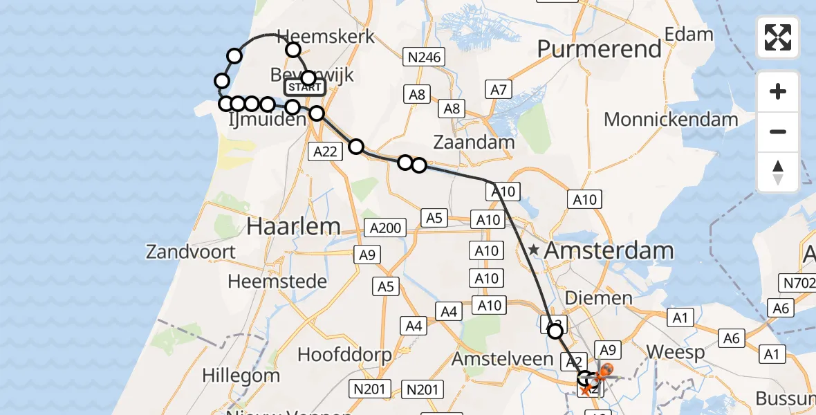 Vluchtroute Kustwachthelikopter van Red Cross Hospital Heliport naar Amsterdam UMC Helipad