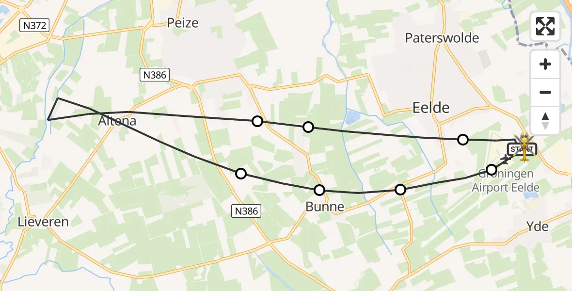 Vluchtroute Traumahelikopter van Groningen Airport Eelde naar Groningen Airport Eelde