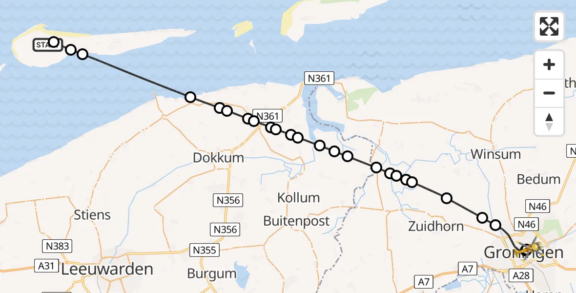 Vluchtroute Ambulancehelikopter van Ameland Vliegveld Ballum naar Universitair Medisch Centrum Groningen