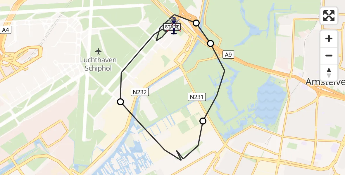 Vluchtroute Politiehelikopter van Amsterdam Vliegveld Schiphol naar Amsterdam Vliegveld Schiphol
