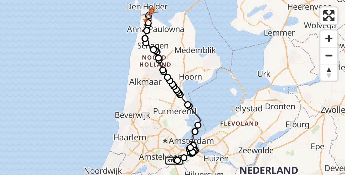 Vluchtroute Kustwachthelikopter van Amsterdam UMC Helipad naar Militair vliegveld De Kooy / Den Helder Airport