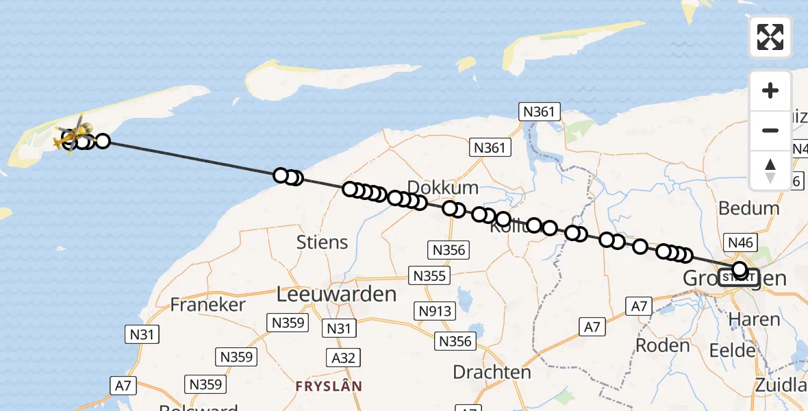 Vluchtroute Ambulancehelikopter van Universitair Medisch Centrum Groningen naar Terschelling Heliport