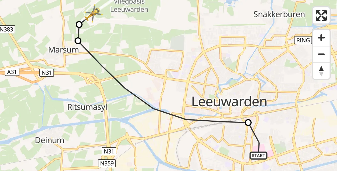 Vluchtroute Ambulancehelikopter van Leeuwarden Medical Center Heliport naar Leeuwarden