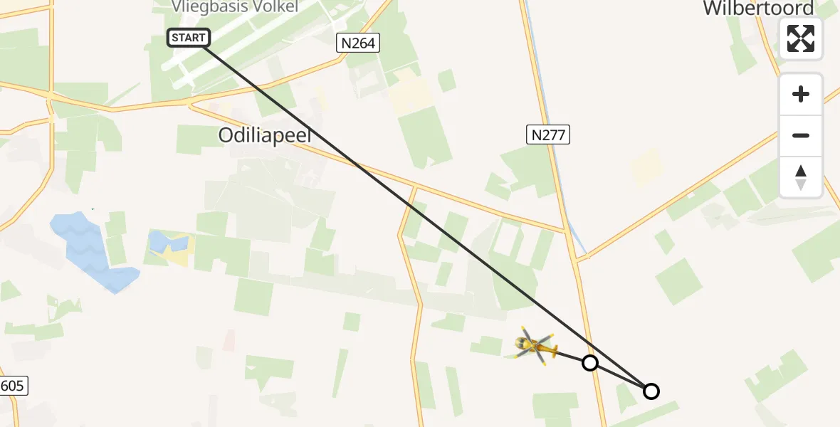 Vluchtroute Traumahelikopter van Vliegbasis Volkel naar Odiliapeel