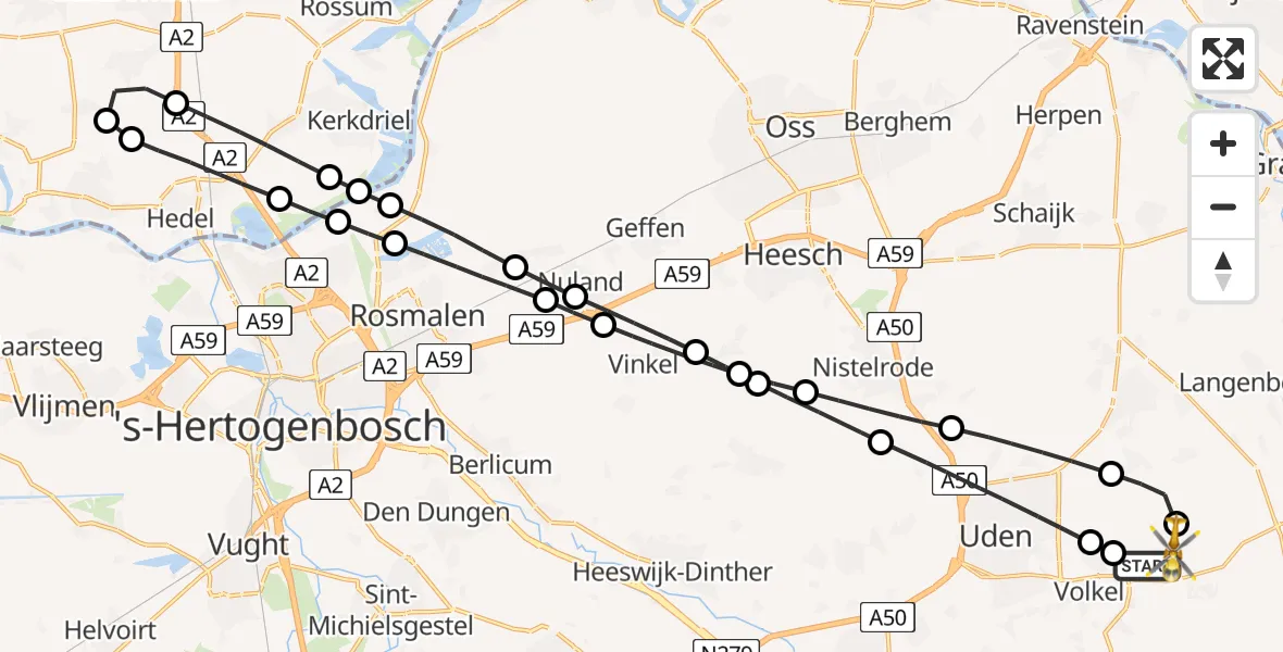 Vluchtroute Traumahelikopter van Vliegbasis Volkel naar Vliegbasis Volkel