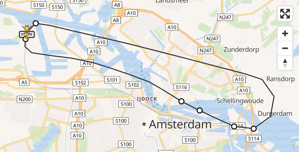 Vluchtroute Traumahelikopter van Amsterdam Heliport naar Amsterdam Heliport