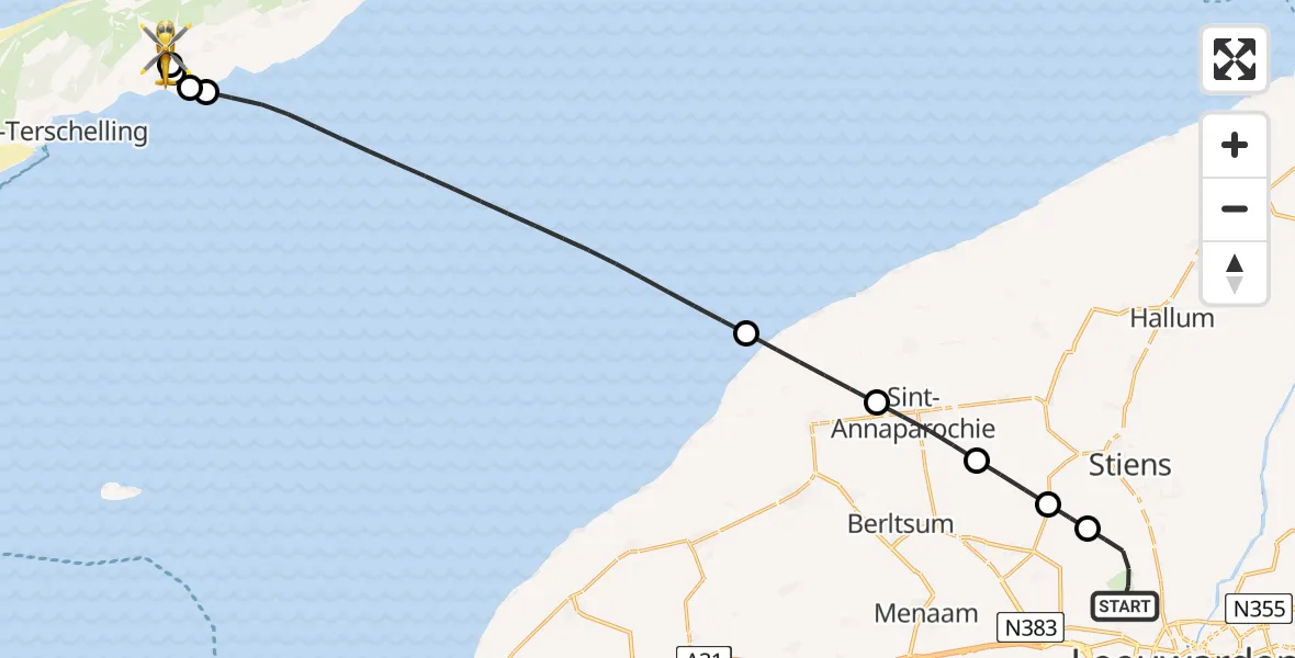 Vluchtroute Ambulancehelikopter van Vliegbasis Leeuwarden naar Terschelling Heliport