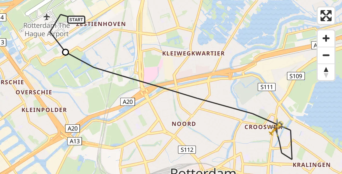 Vluchtroute Traumahelikopter van Rotterdam The Hague Airport naar Rotterdam