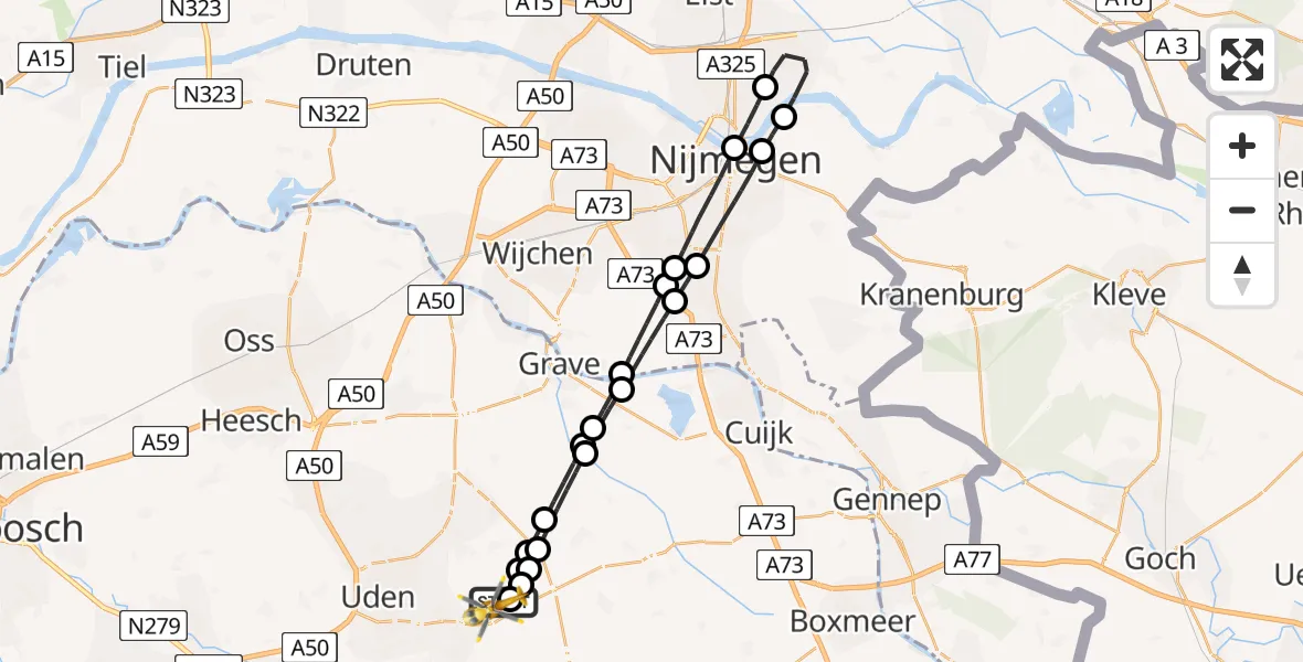 Vluchtroute Traumahelikopter van Vliegbasis Volkel naar Vliegbasis Volkel