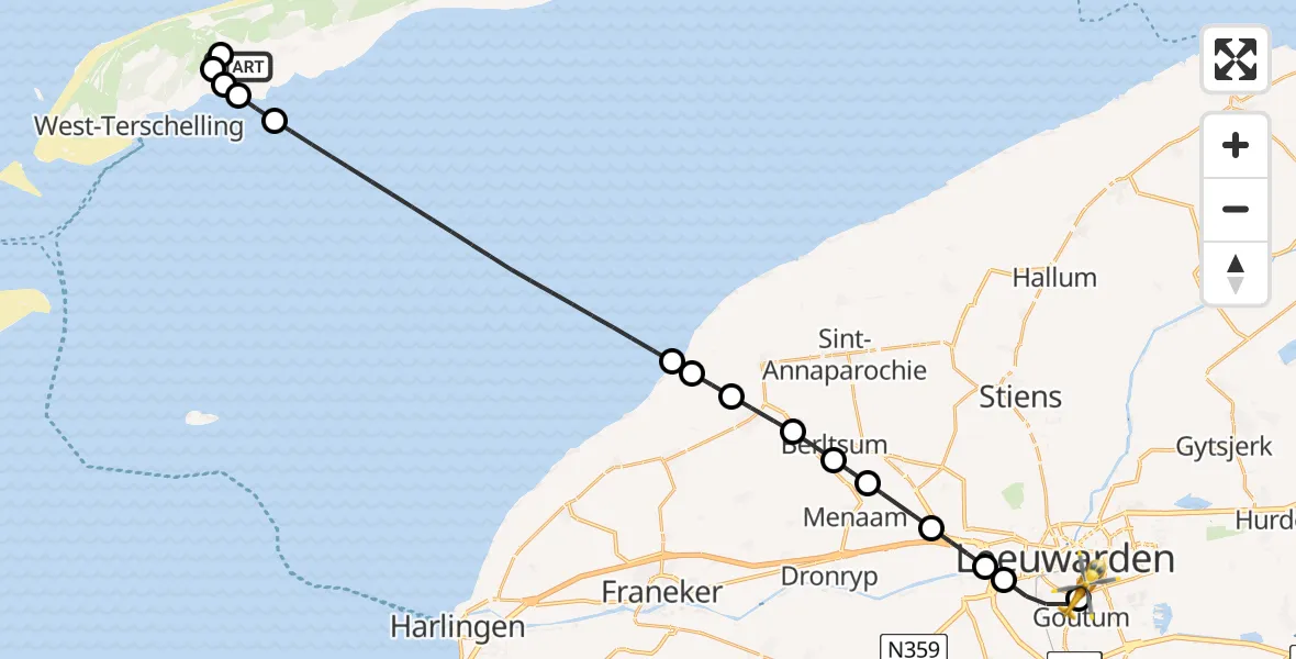 Vluchtroute Ambulancehelikopter van Terschelling Heliport naar Leeuwarden Medical Center Heliport