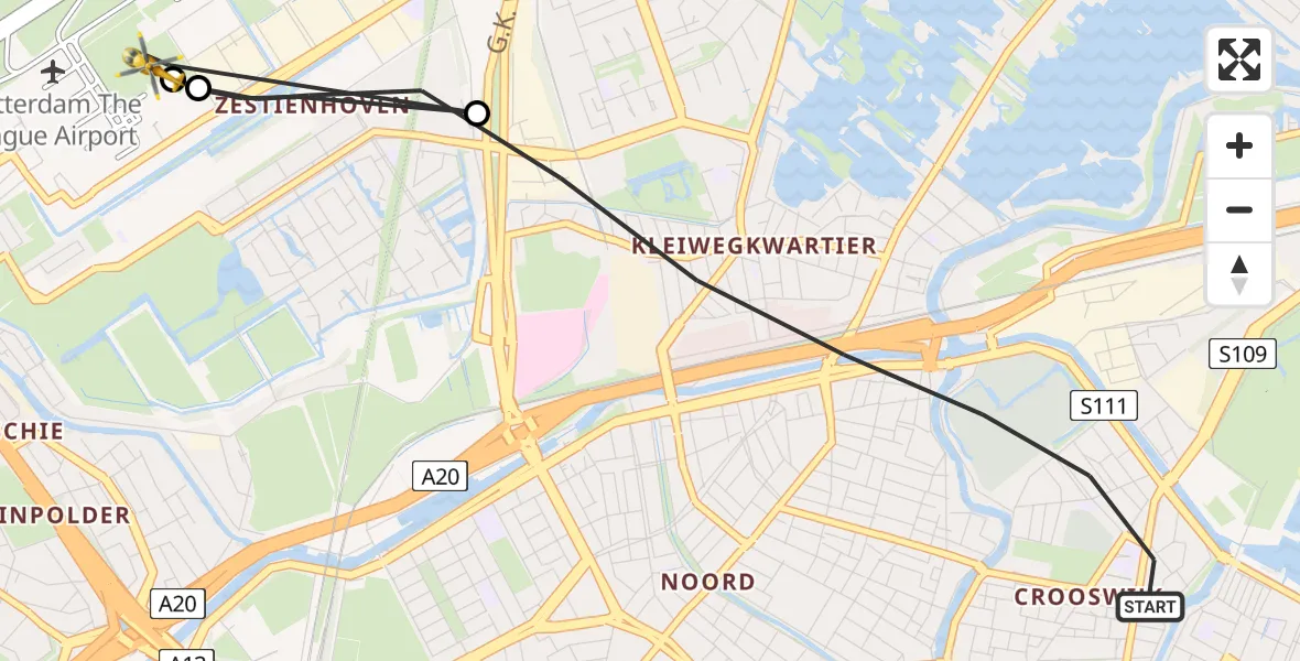 Vluchtroute Traumahelikopter van Rotterdam naar Rotterdam The Hague Airport