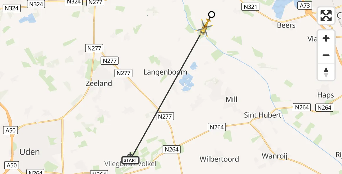 Vluchtroute Traumahelikopter van Vliegbasis Volkel naar Escharen