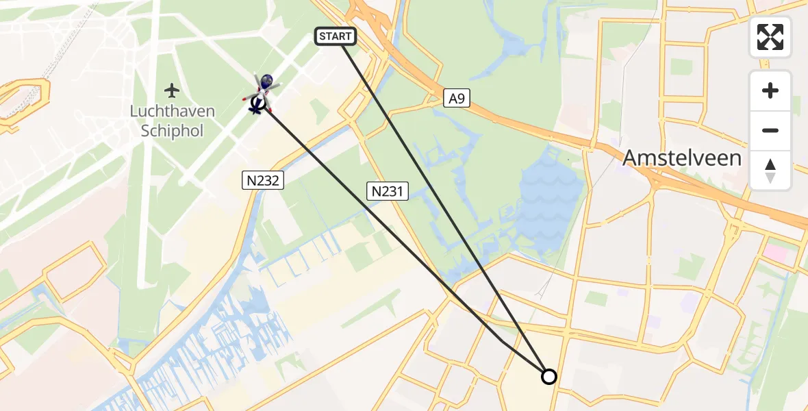 Vluchtroute Politiehelikopter van Amsterdam Vliegveld Schiphol naar Amsterdam Vliegveld Schiphol
