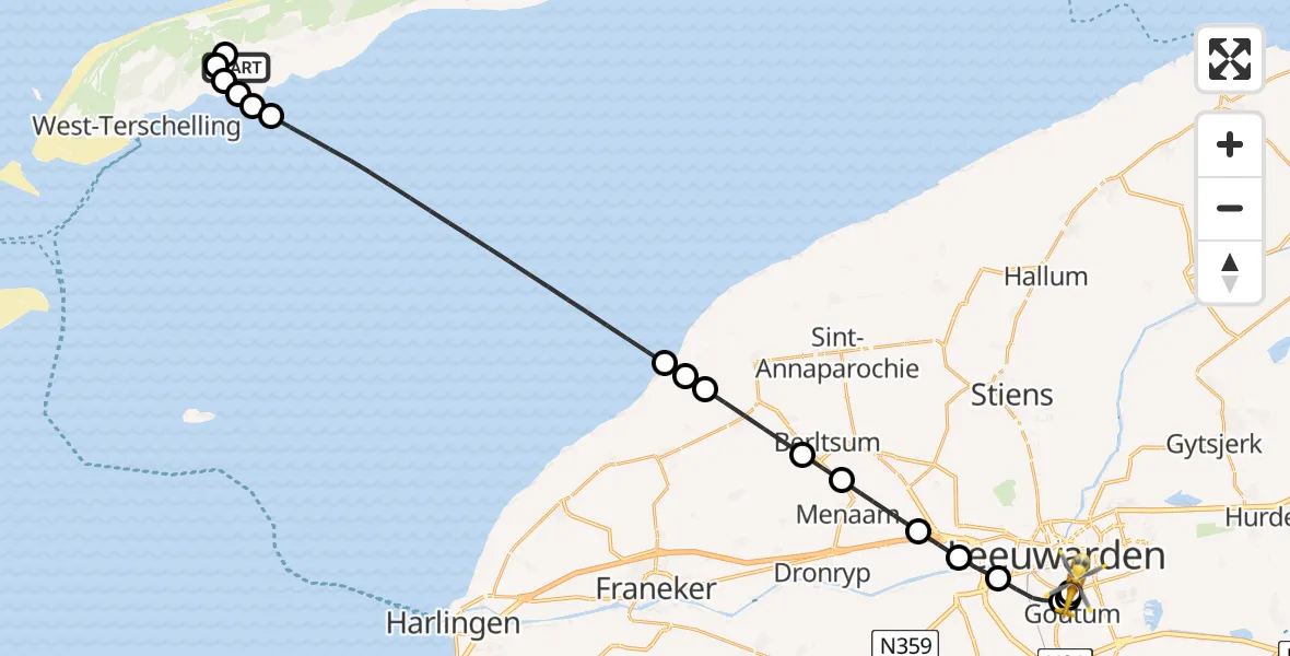 Vluchtroute Ambulancehelikopter van Terschelling Heliport naar Leeuwarden Medical Center Heliport