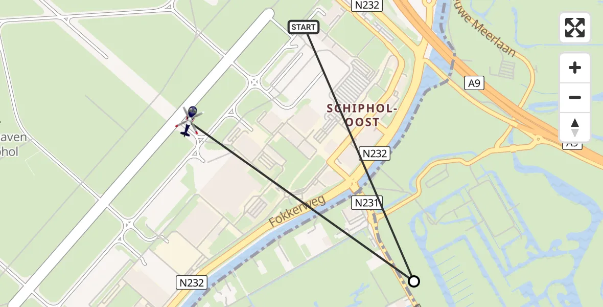 Vluchtroute Politiehelikopter van Amsterdam Vliegveld Schiphol naar Amsterdam Vliegveld Schiphol