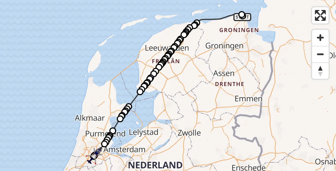 Vluchtroute Politiehelikopter van Noordzee naar Amsterdam Vliegveld Schiphol