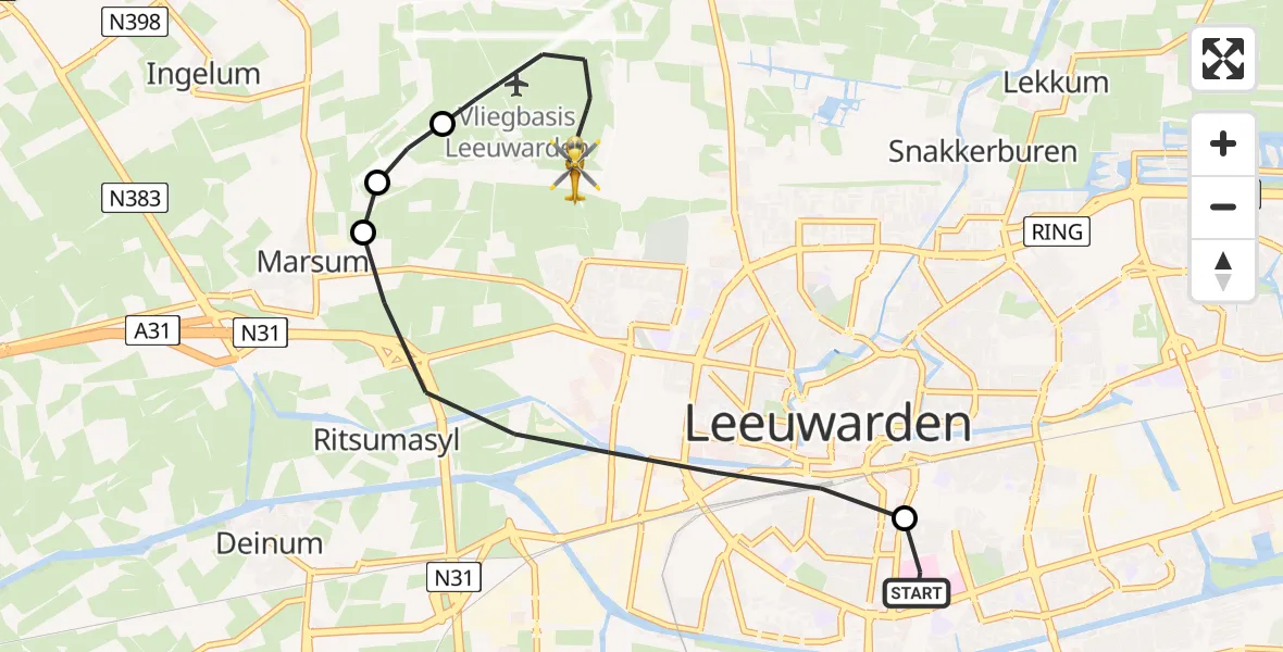 Vluchtroute Ambulancehelikopter van Leeuwarden Medical Center Heliport naar Vliegbasis Leeuwarden