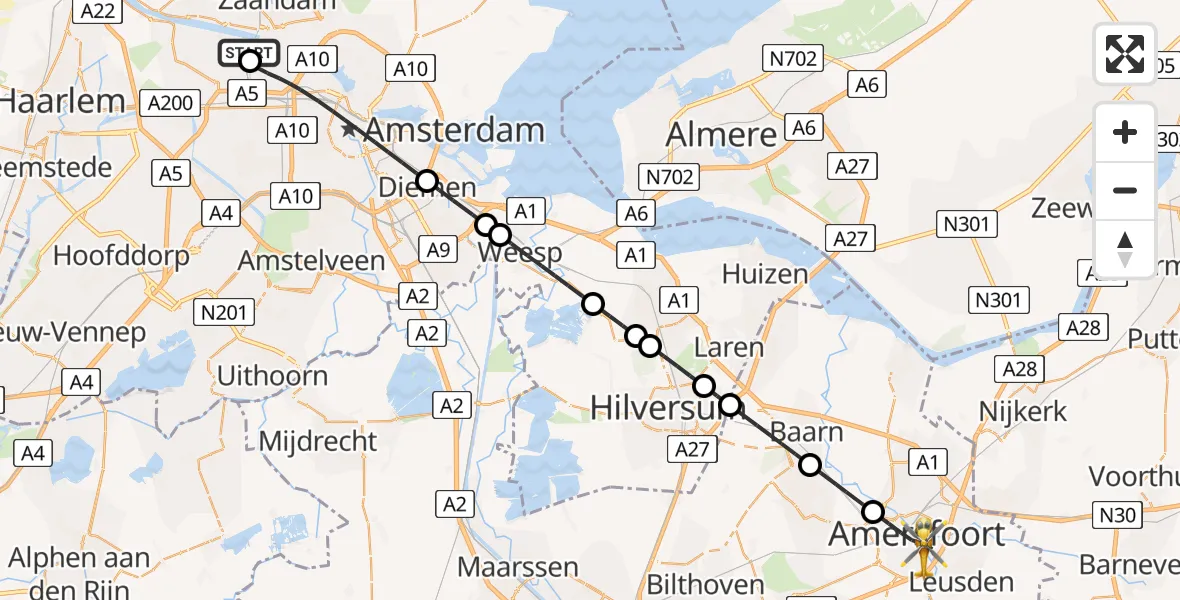 Vluchtroute Traumahelikopter van Amsterdam Heliport naar Amersfoort