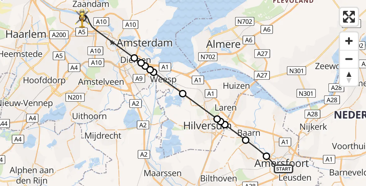 Vluchtroute Traumahelikopter van Amersfoort naar Amsterdam Heliport