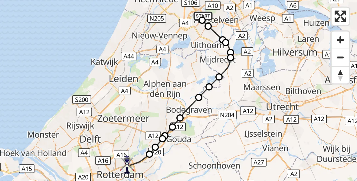 Vluchtroute Politiehelikopter van Amsterdam Vliegveld Schiphol naar Rotterdam