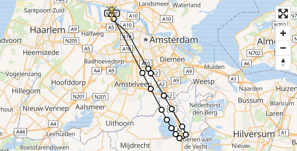 Vluchtroute Traumahelikopter van Amsterdam Heliport naar Amsterdam Heliport