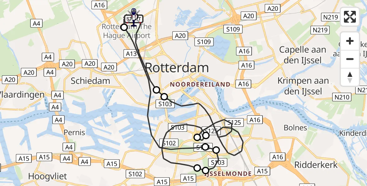 Vluchtroute Politiehelikopter van Rotterdam The Hague Airport naar Rotterdam The Hague Airport