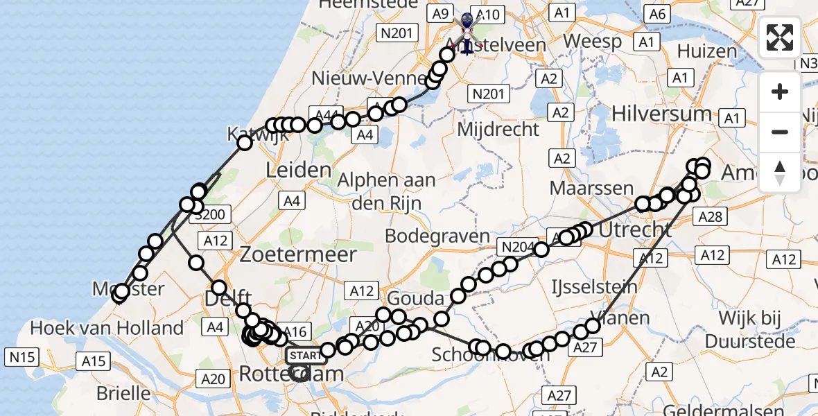 Vluchtroute Politiehelikopter van Rotterdam naar Amsterdam Vliegveld Schiphol