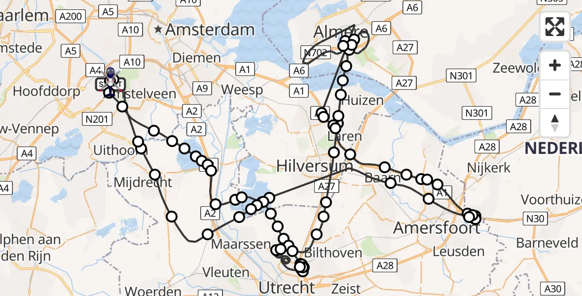 Vluchtroute Politiehelikopter van Amsterdam Vliegveld Schiphol naar Amsterdam Vliegveld Schiphol