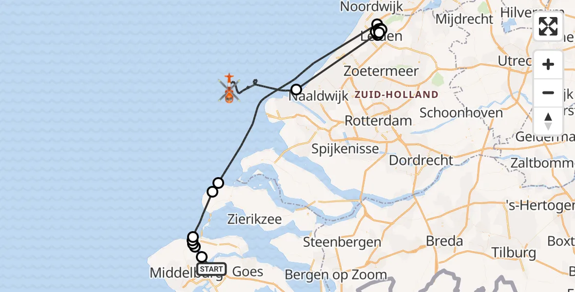 Vluchtroute Kustwachthelikopter van Vliegveld Midden-Zeeland naar Noordzee
