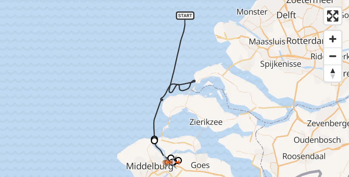 Vluchtroute Kustwachthelikopter van Noordzee naar Vliegveld Midden-Zeeland