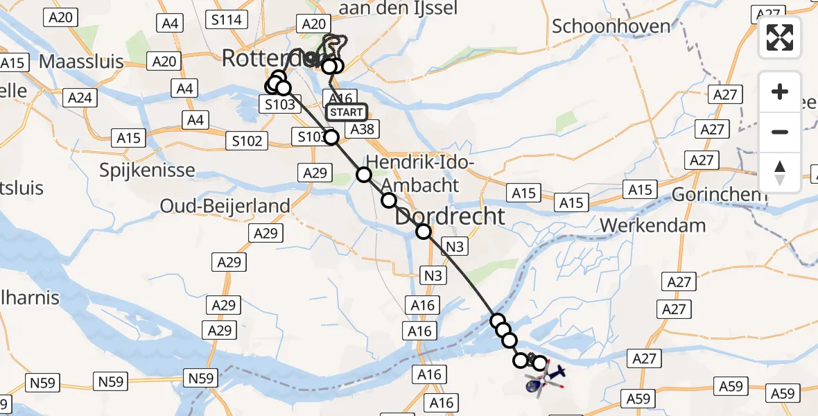 Vluchtroute Politiehelikopter van Rotterdam naar Drimmelen