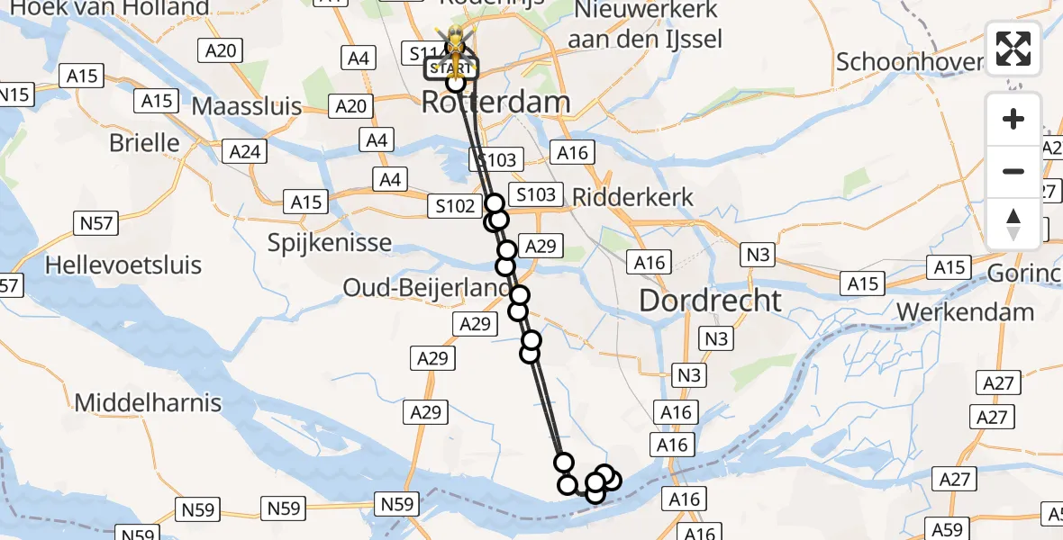 Vluchtroute Traumahelikopter van Rotterdam The Hague Airport naar Rotterdam The Hague Airport