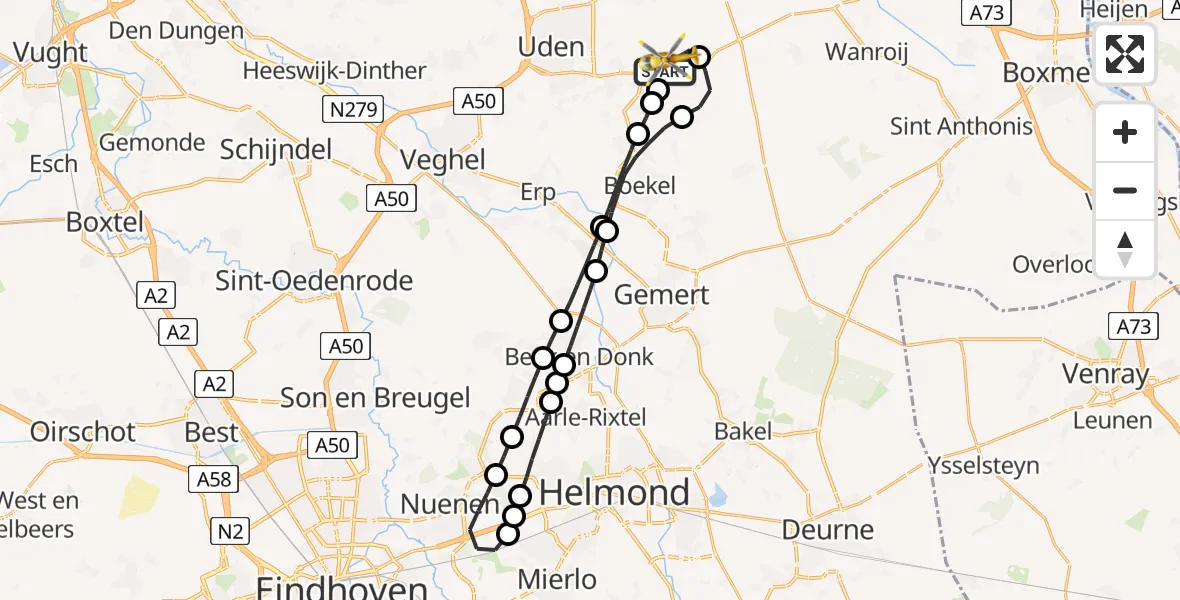 Vluchtroute Traumahelikopter van Vliegbasis Volkel naar Vliegbasis Volkel