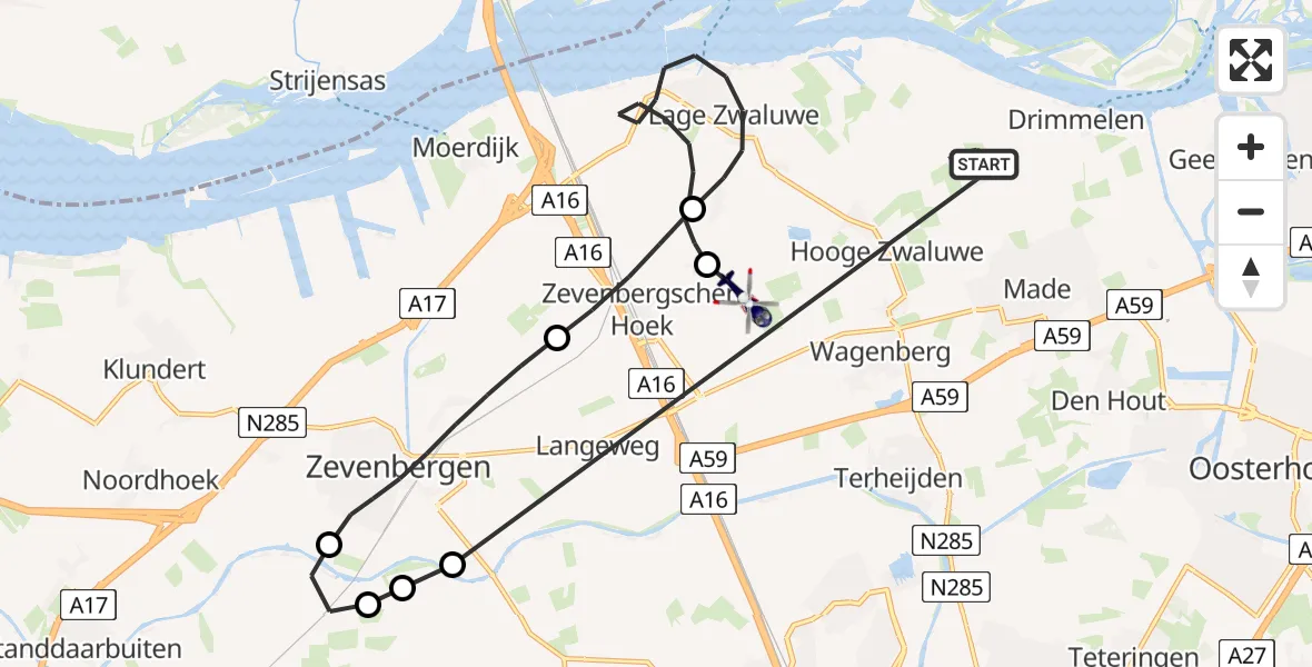 Vluchtroute Politiehelikopter van Drimmelen naar Zevenbergschen Hoek