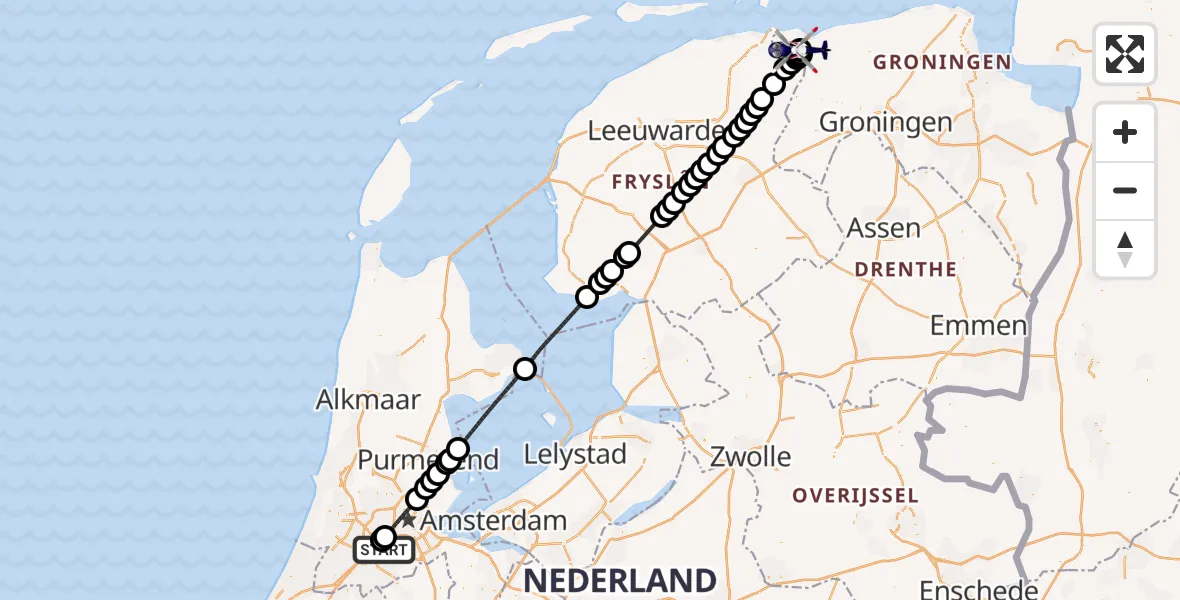 Vluchtroute Politiehelikopter van Amsterdam Vliegveld Schiphol naar Lauwersoog