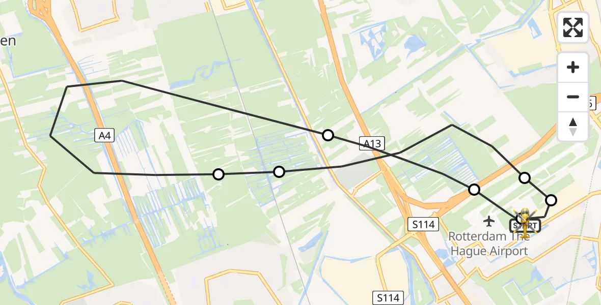 Vluchtroute Traumahelikopter van Rotterdam The Hague Airport naar Rotterdam The Hague Airport