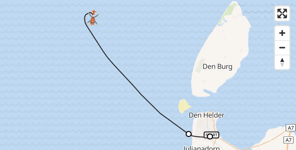 Vluchtroute Kustwachthelikopter van Militair vliegveld De Kooy / Den Helder Airport naar Noordzee