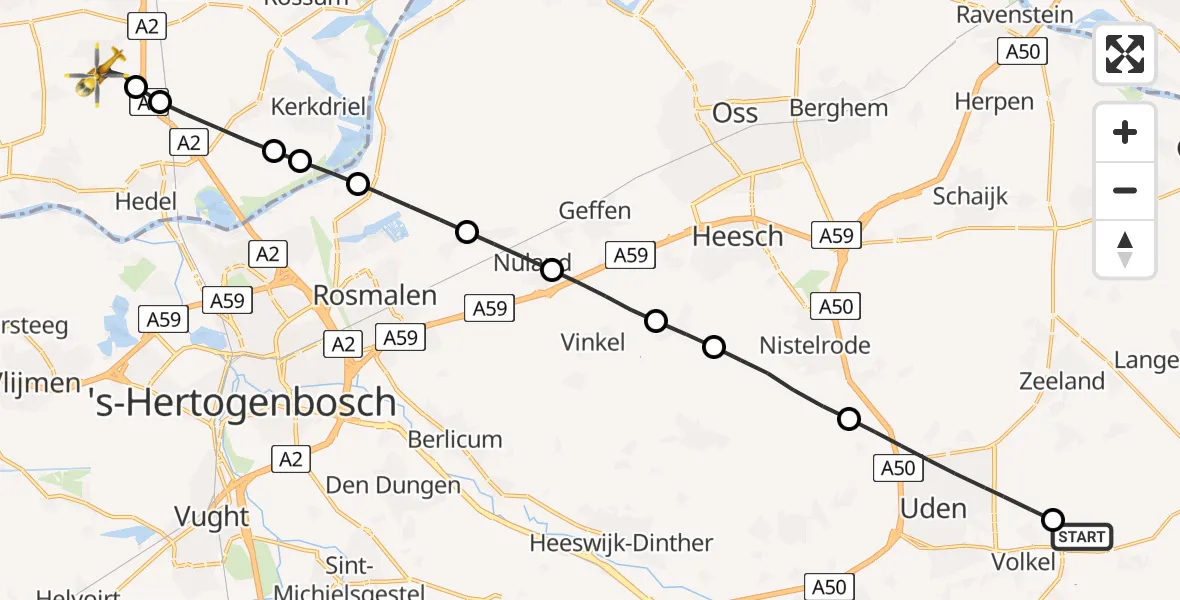 Vluchtroute Traumahelikopter van Vliegbasis Volkel naar Bruchem