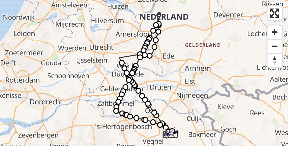 Vluchtroute Politiehelikopter van Vliegbasis Volkel naar Vliegbasis Volkel