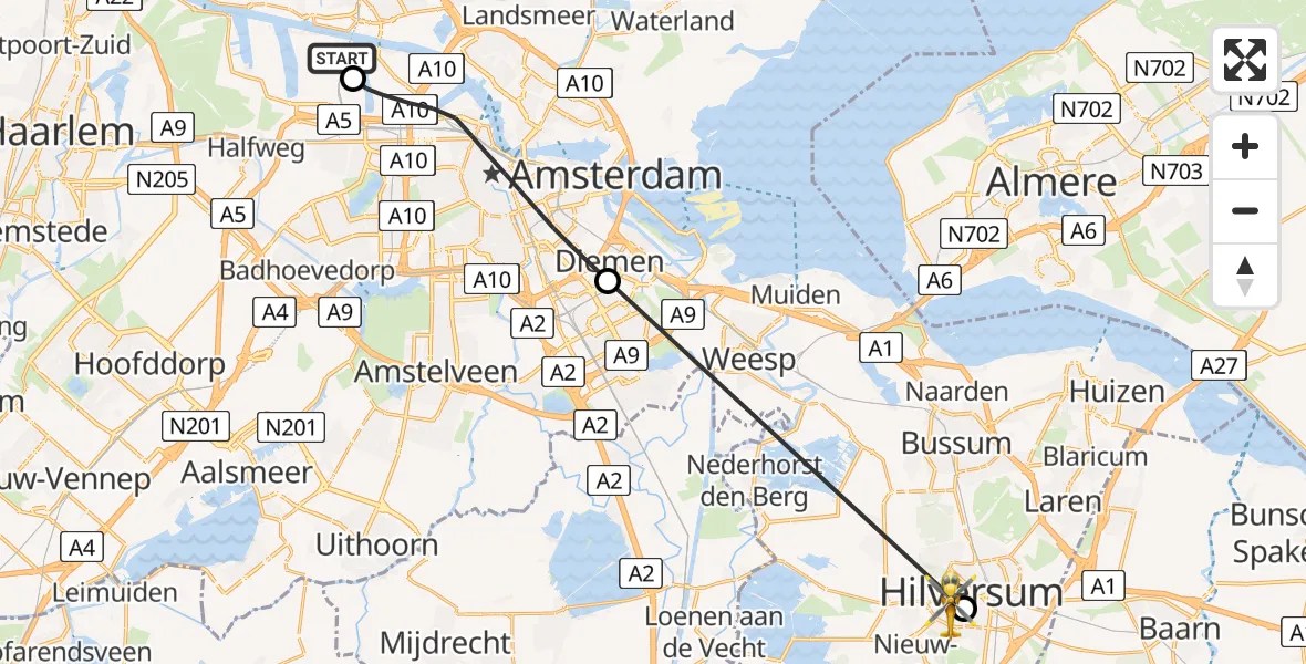 Vluchtroute Traumahelikopter van Amsterdam Heliport naar Hilversum
