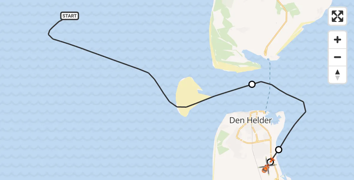 Vluchtroute Kustwachthelikopter van Noordzee naar Militair vliegveld De Kooy / Den Helder Airport