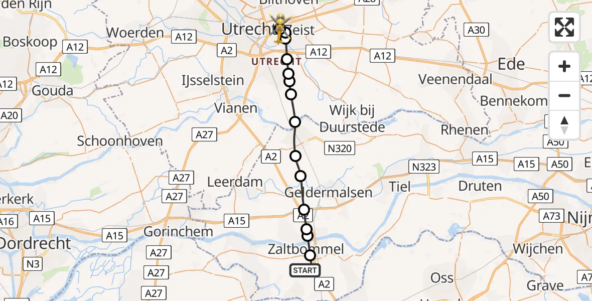 Vluchtroute Traumahelikopter van Bruchem naar University Medical Center Utrecht Heliport